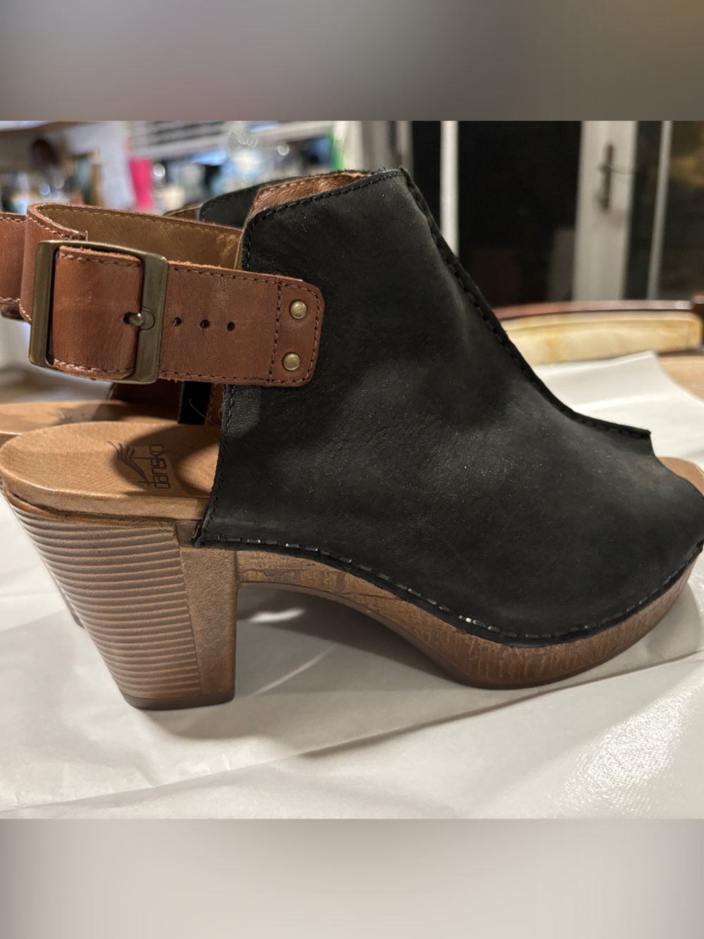 Dansko Reggie Leather peep-toe Black Brown sling-Back block Heels 9.5-10